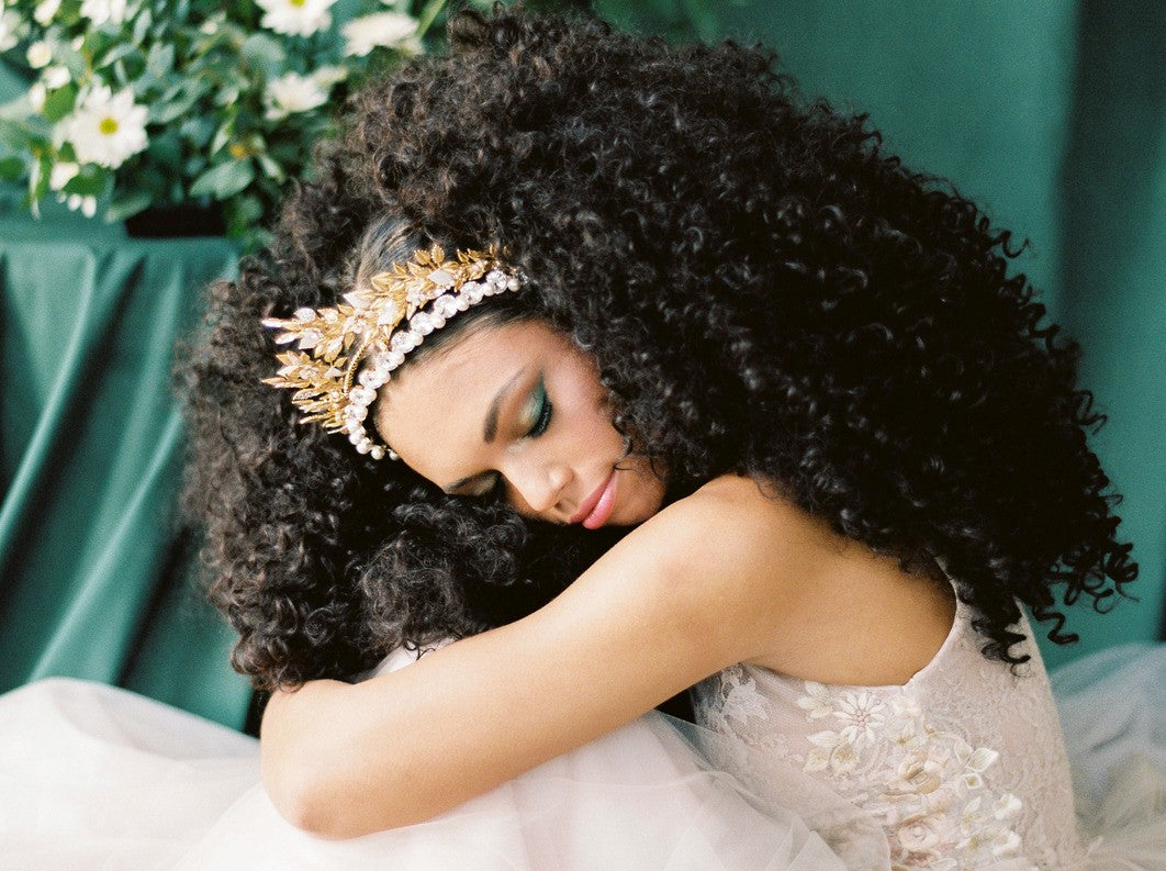 gold leaf bridal crown with crystal headband for brides getting married in Canada