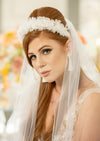 sheer wide full volume gathered comb wedding veil with flower padded headband