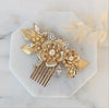 gold crystal and pearl flower hair comb for weddings