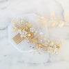 gold bridal hair vine with rhinestones and clay flowers