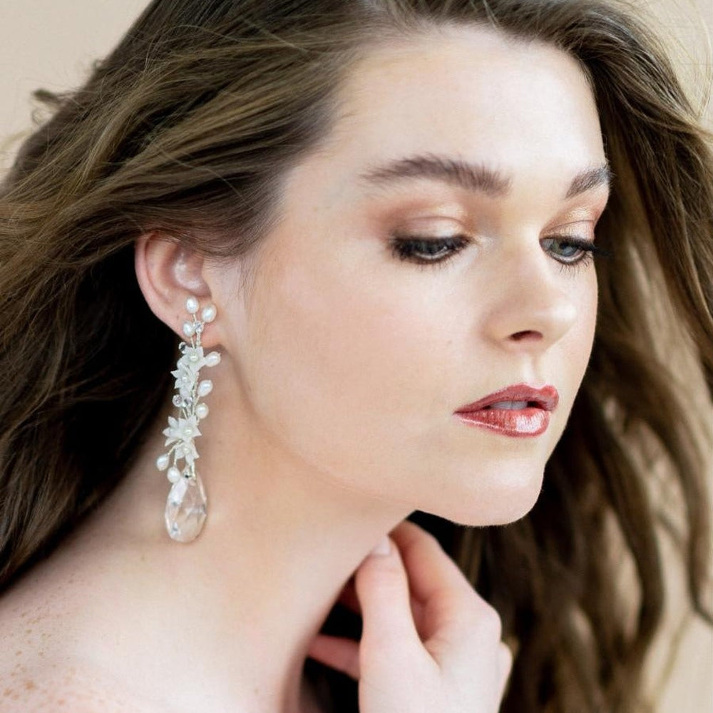 SUTTON Statement Pearl Crystal Vine Bridal Earrings