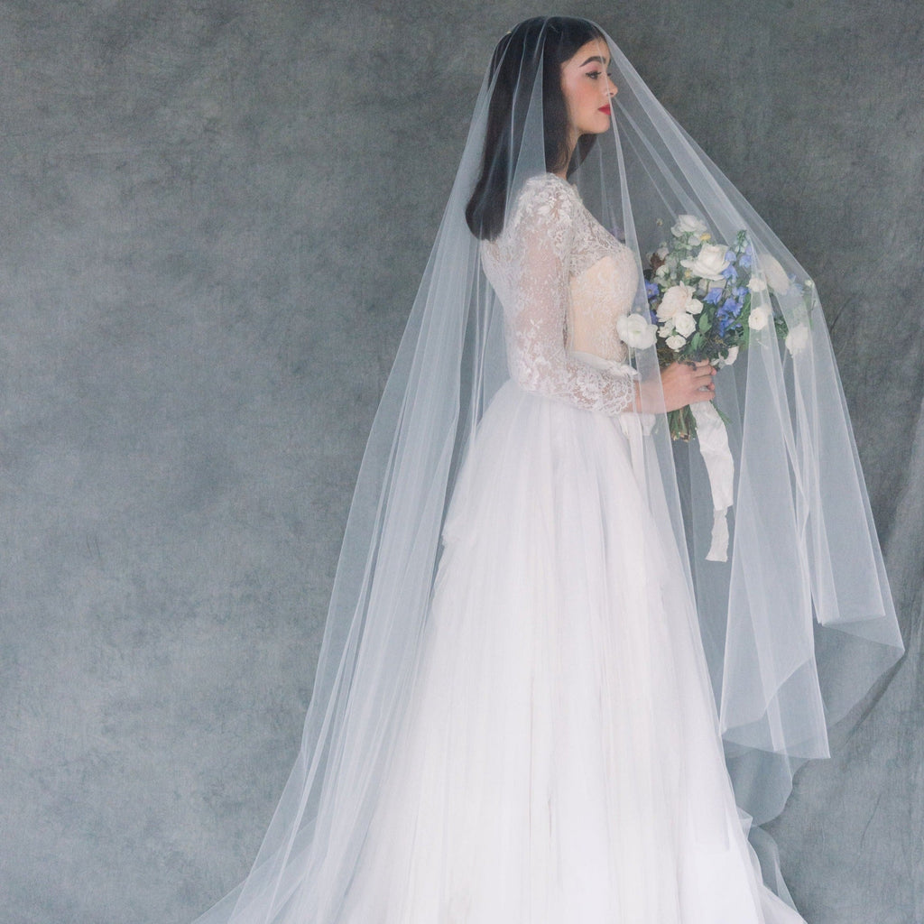 chapel length extra long bridal drop veil with blusher. made in toronto by blair nadeau 