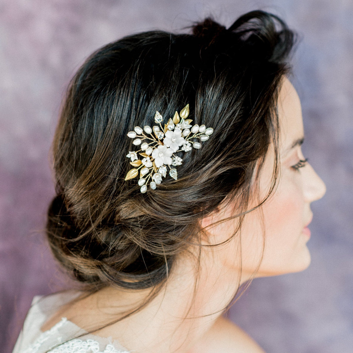 Gold floral haircomb with fresh water pearls Eugenie Vintage Freshwater Pearl and Diamante Hair Comb main image 2