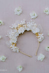 clay flower crown with blooming florals and gold leaves
