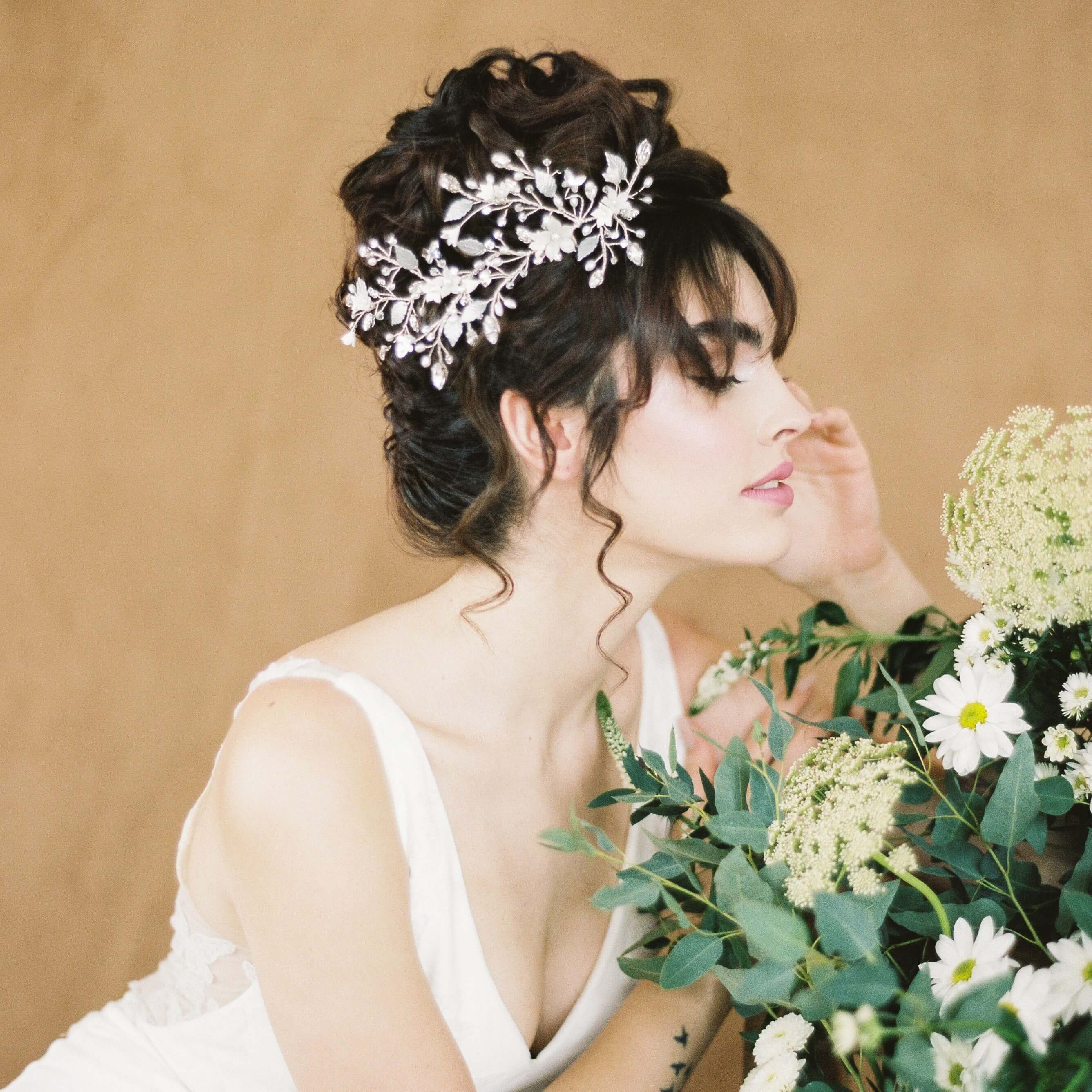 silver clay flower hair vine with pearls and crystals