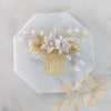 gold leaf bridal hair comb with freshwater pearls and clay flowers for wedding hair