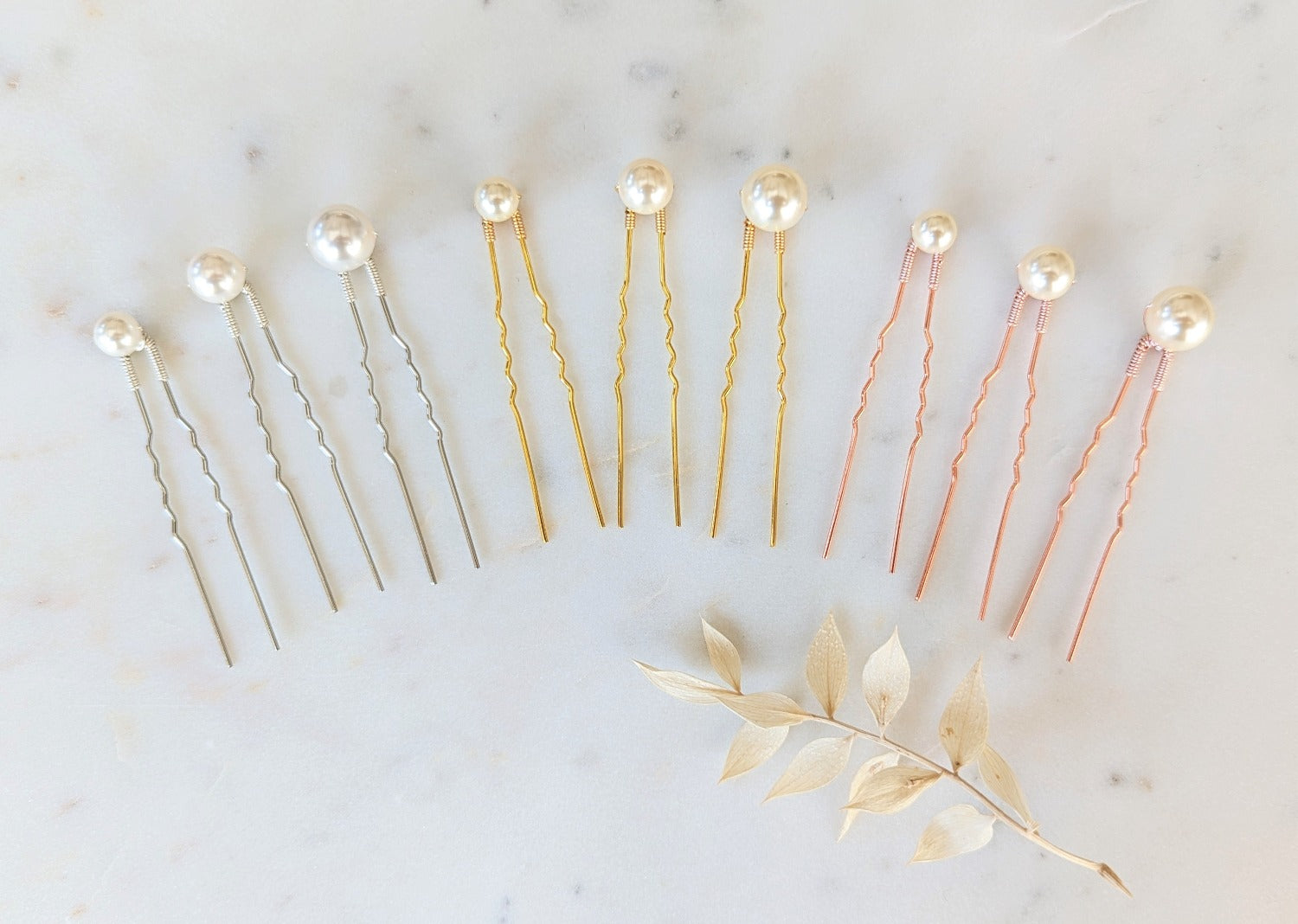 silver, gold and rose gold pearl hair pins for wedding hair accessories in canada