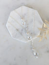 long three layer bridal back necklace with pearls and crystal teardrops for weddings dress