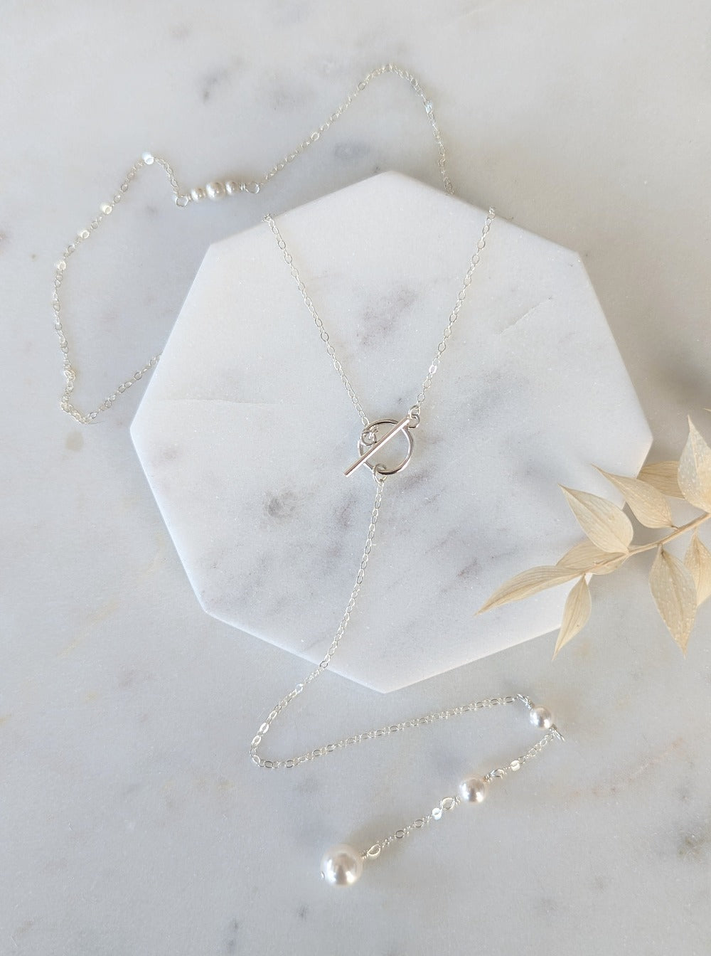 silver back necklace with pearl drops