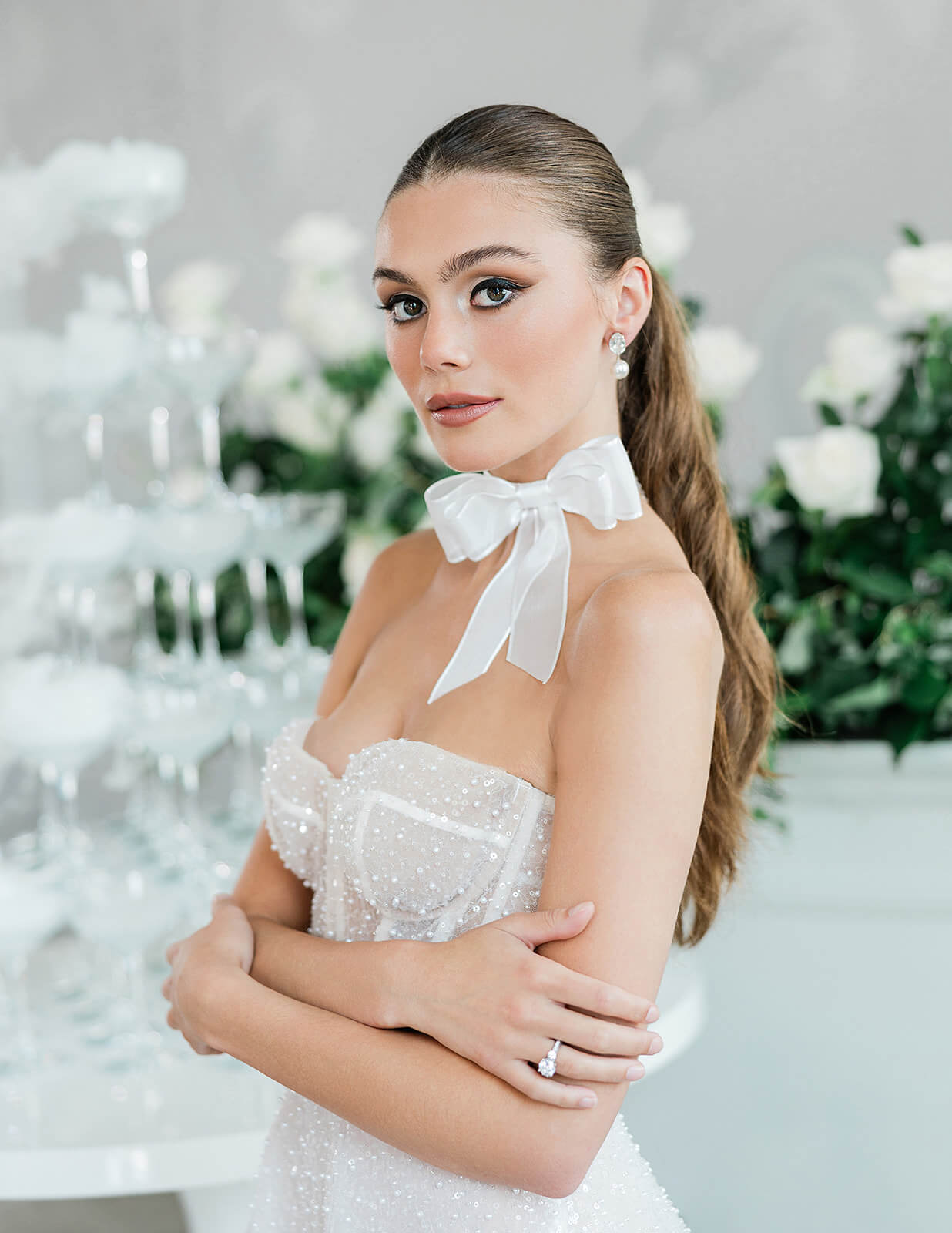 simple bridal earrings with rhinestone studs and pearl dangles