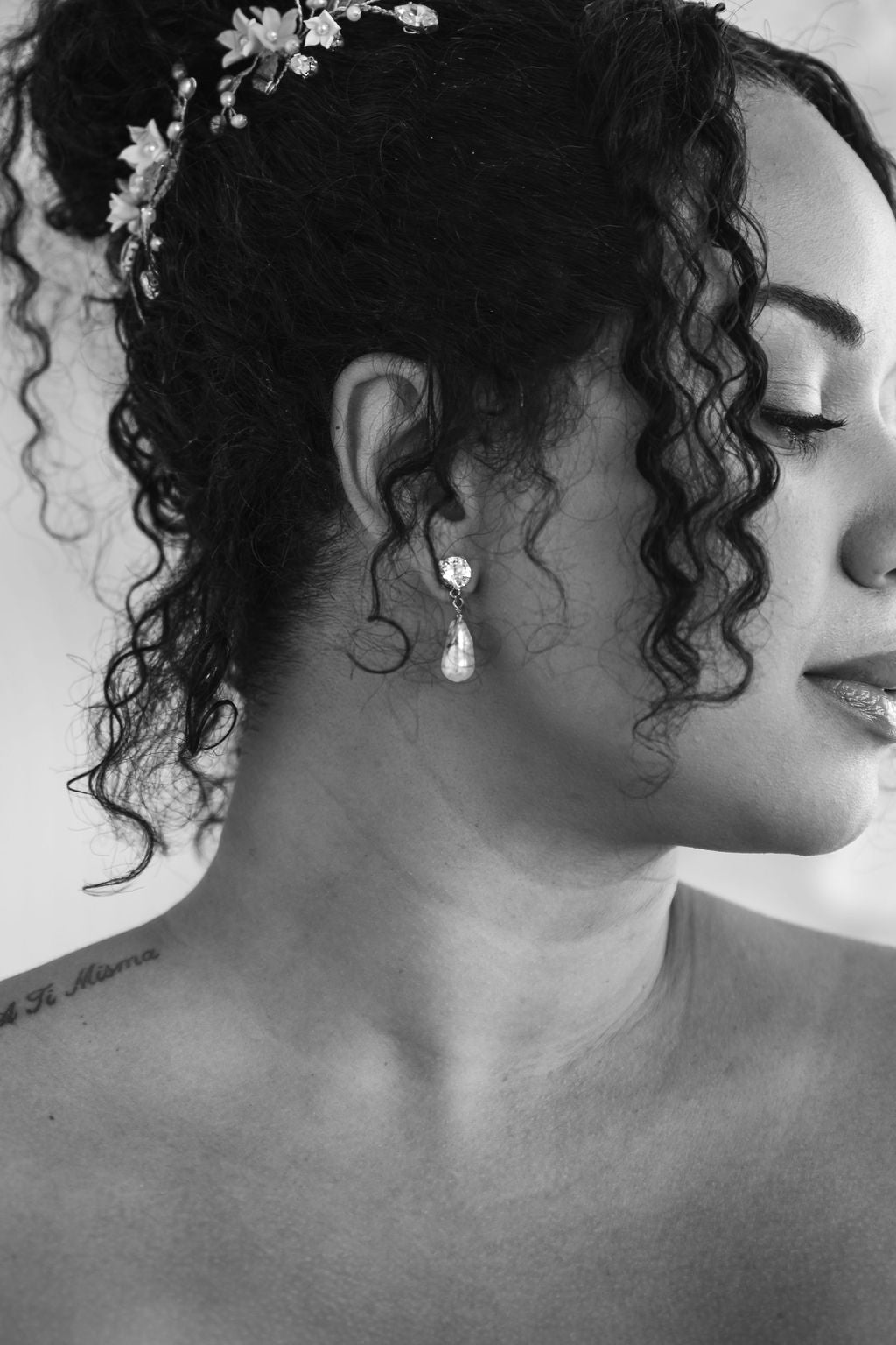 simple baroque pearl drop earrings with crystal rhinestone studs. made in toronto canada by blair nadeau