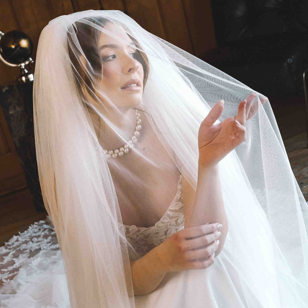 Bride in a wedding dress with a veil indoors.