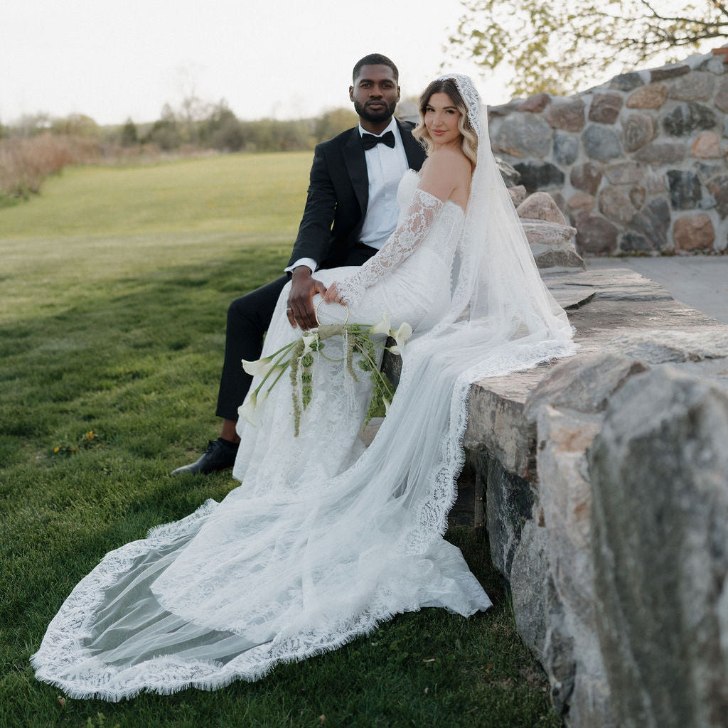 Mantilla Wedding Long Veil White Lace Trim with Headband Cathedral Mantilla Veil with Lace Edge – White or Ivory  main image 4
