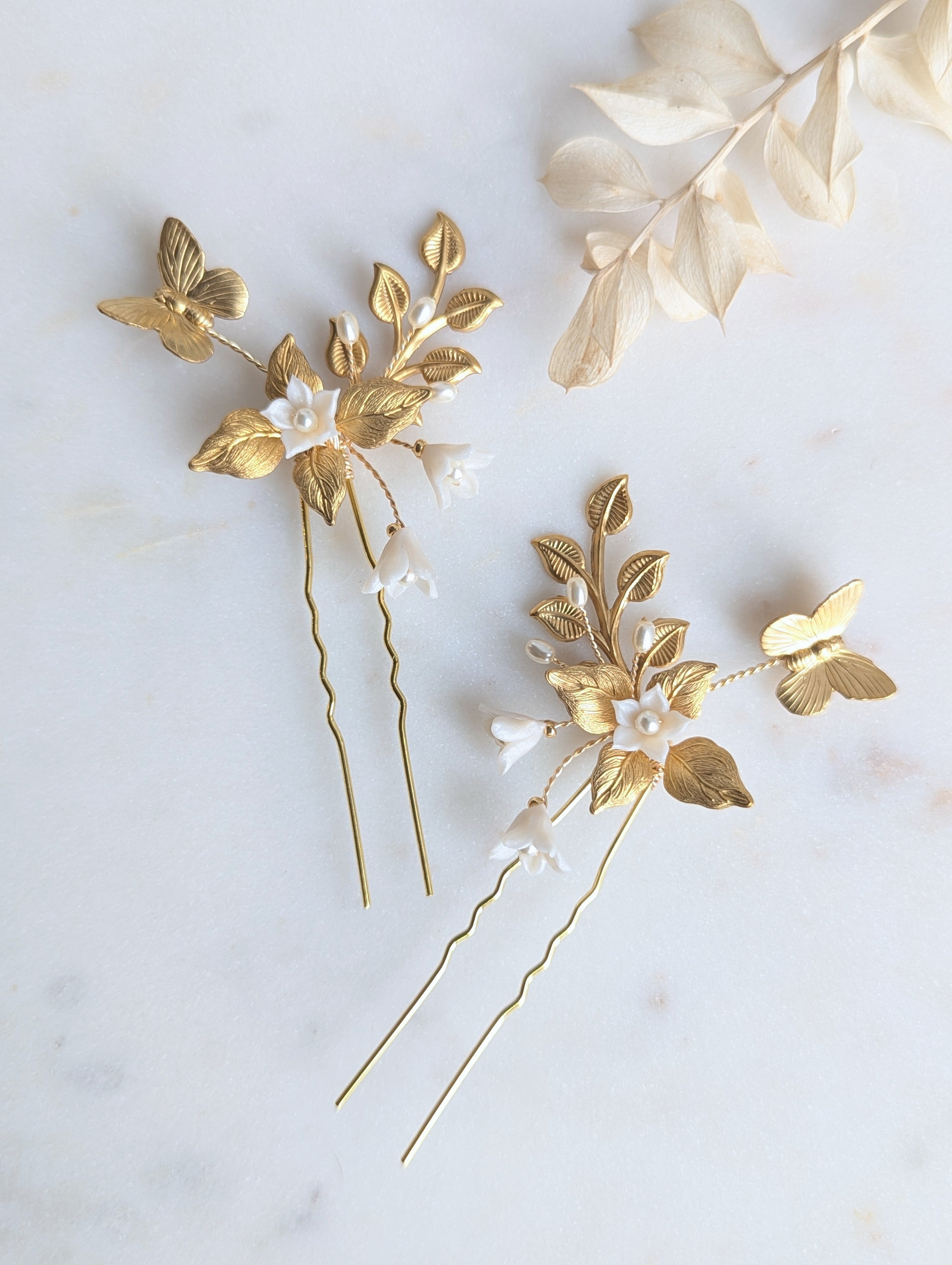 HAZEL Golden Brass Flower Hair Pins with Butterflies