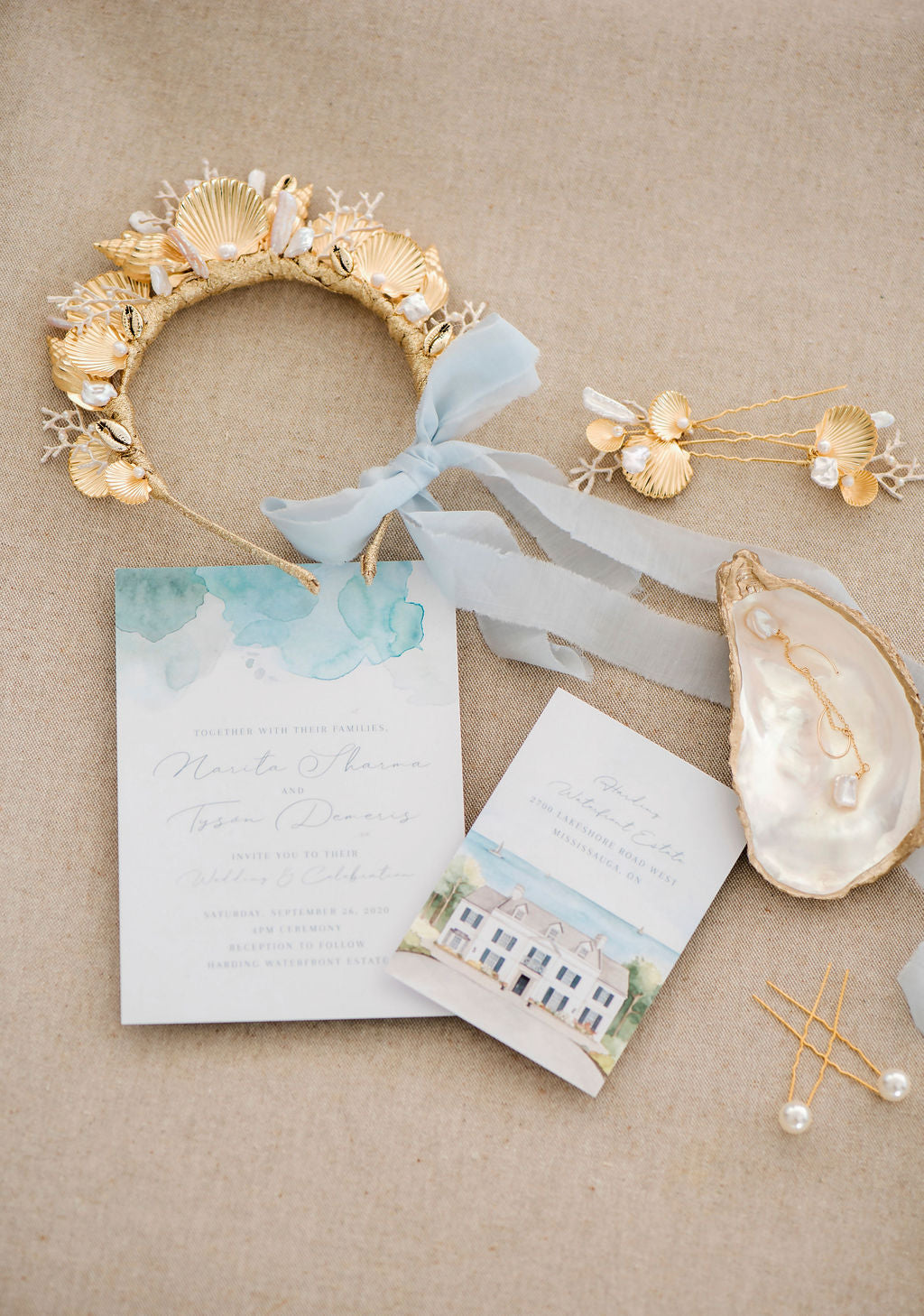 Seashell headband with decorative elements on a textured surface