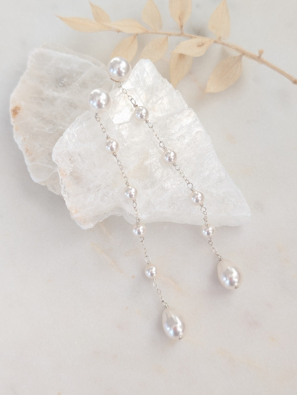 long pearl dangle earrings in white and silver for brides