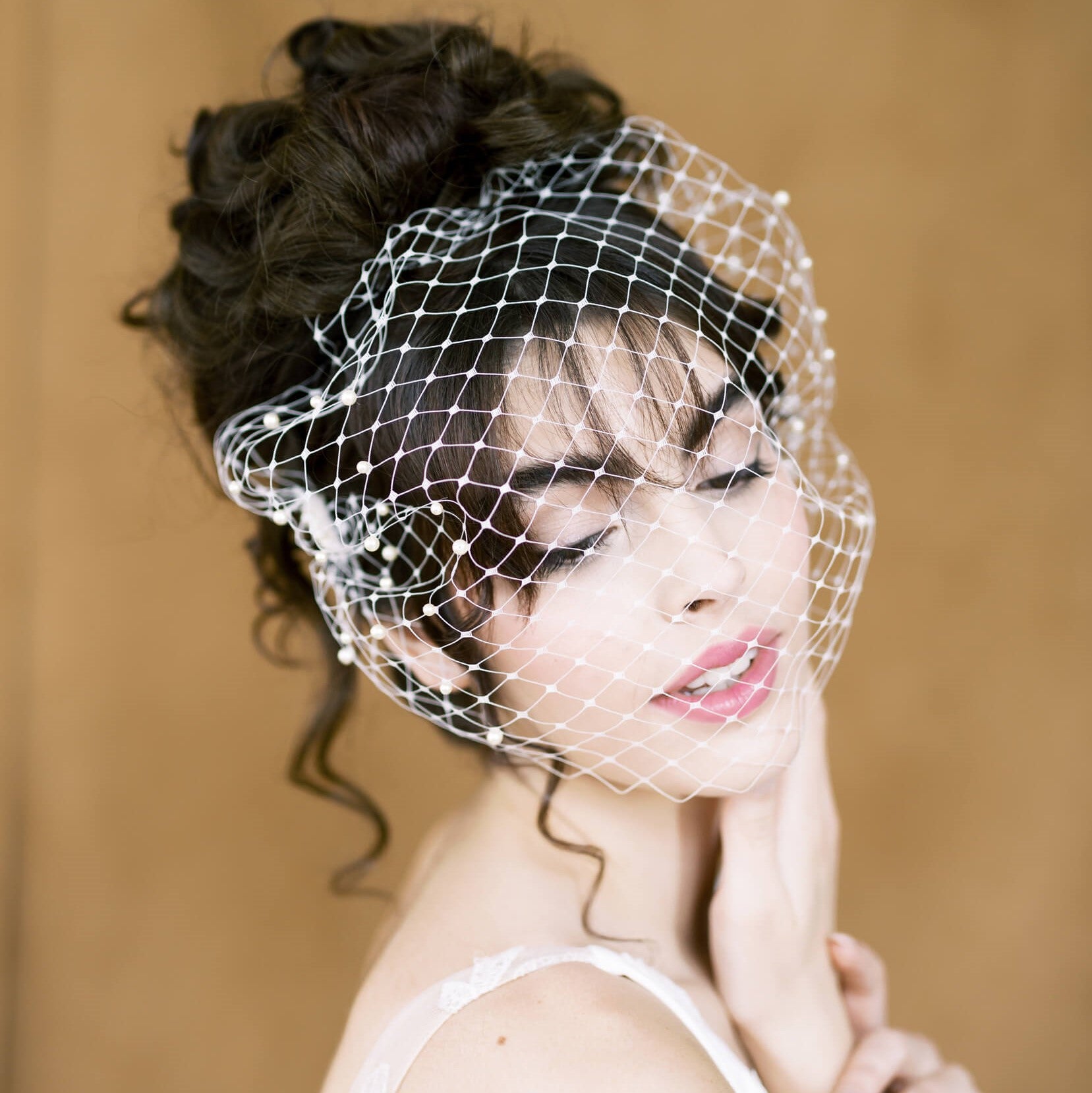 full face bandeau style birdcage veil with pearls