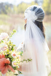 Vintage Inspired Crystal Juliet Cap Veil embellished with rhinestones, crystals, pearls and handmade silk organza flowers. Fitted cap with a long fingertip length side veil. handmade in toronto by Blair Nadeau Bridal