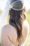 Vintage Inspired Crystal Juliet Cap Veil embellished with rhinestones, crystals, pearls and handmade silk organza flowers. Fitted cap with a long fingertip length side veil. handmade in toronto by Blair Nadeau Bridal