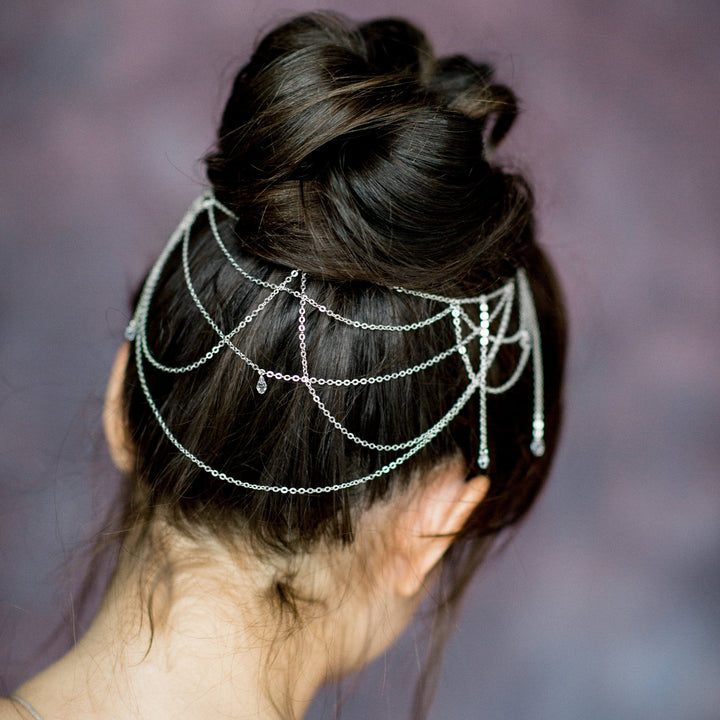 Draped bridal hair chain with crystal teardrops, handmade in toronto ontario canada by blair nadeau bridal adornments