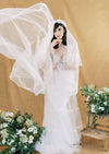 pure white chapel length juliet wedding veil with two tier blusher for romantic vintage weddings in canada 