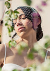 simple birdcage veil on headband for modern wedding dress