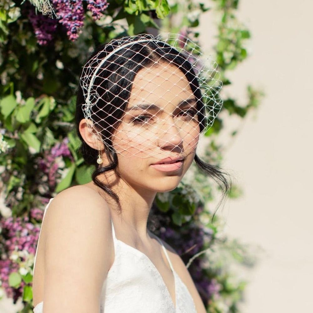 ivory merry widow birdcage veil on headband for bride. handmade in toronto canada by blair nadeau