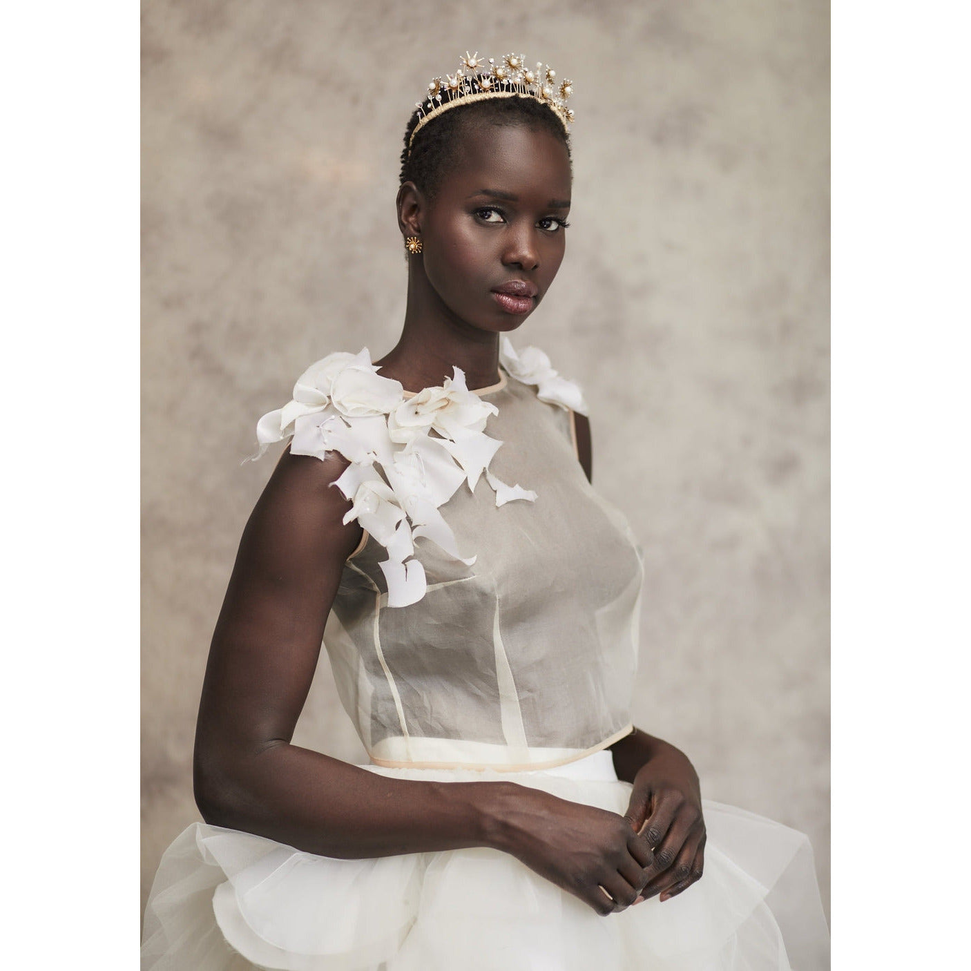 golden brass tall starburst bridal crown with crystals and pearls. handmade in toronto by blair nadeau bridal