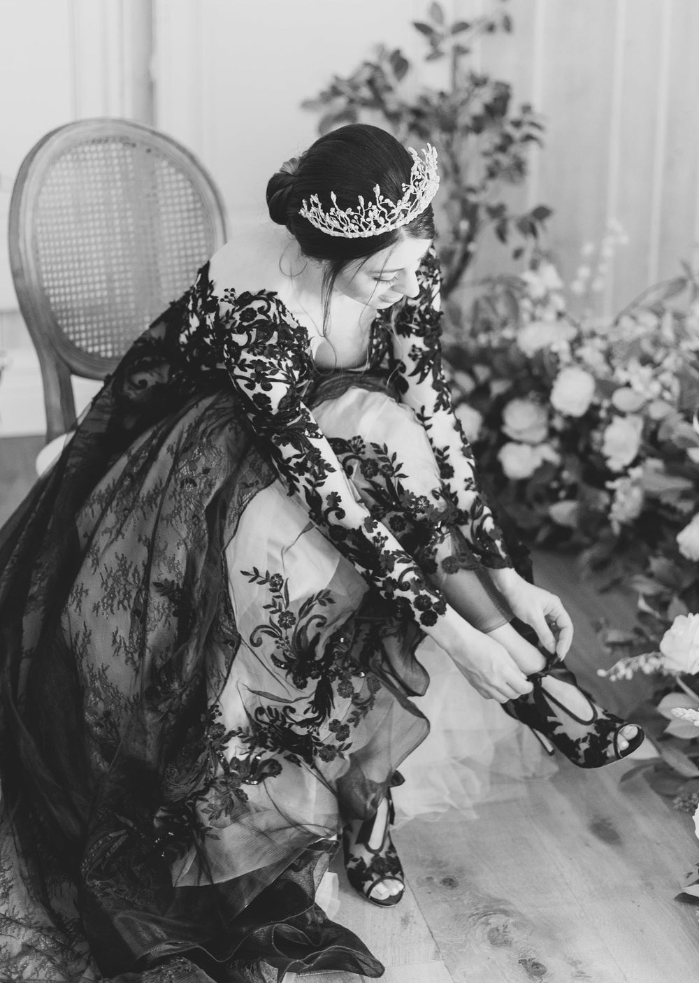 black and white photo of traditional style bridal tiara