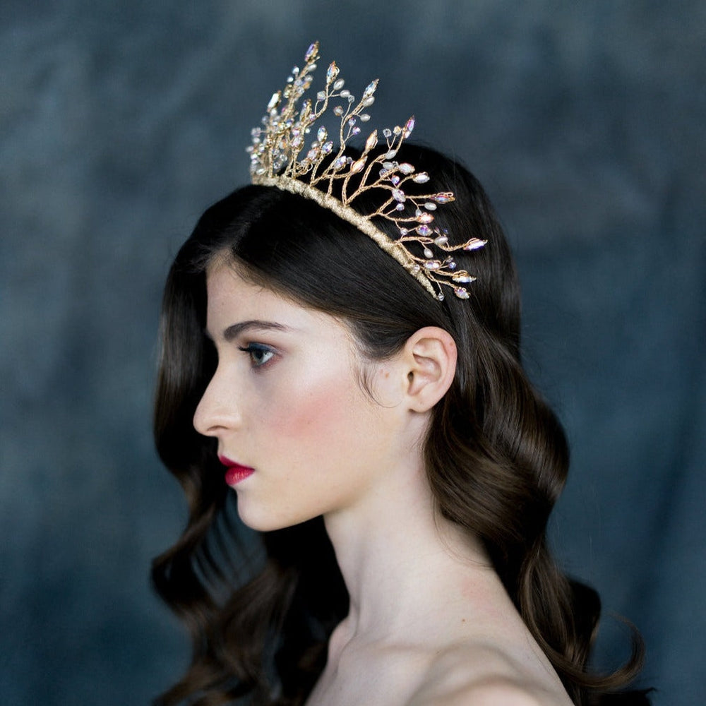 Gold crystal & pearl statement bridal crown - Handmade in Toronto Canada by designer Blair Nadeau 