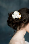 Ivory silk flower bridal hair comb with crystals, pearls and leaves. handmade in toronto by blair nadeau birdal
