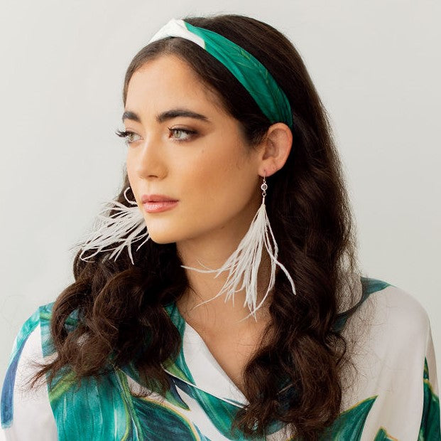 long feathers earrings for brides wedding dress. made in toronto canada by Blair nadeau bridal adornments