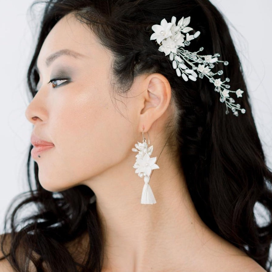 boho fringe earrings with clay flowers and pearls for brides. large pearl bridal headband for modern brides. made in toronto canada by Blair nadeau bridal adornments