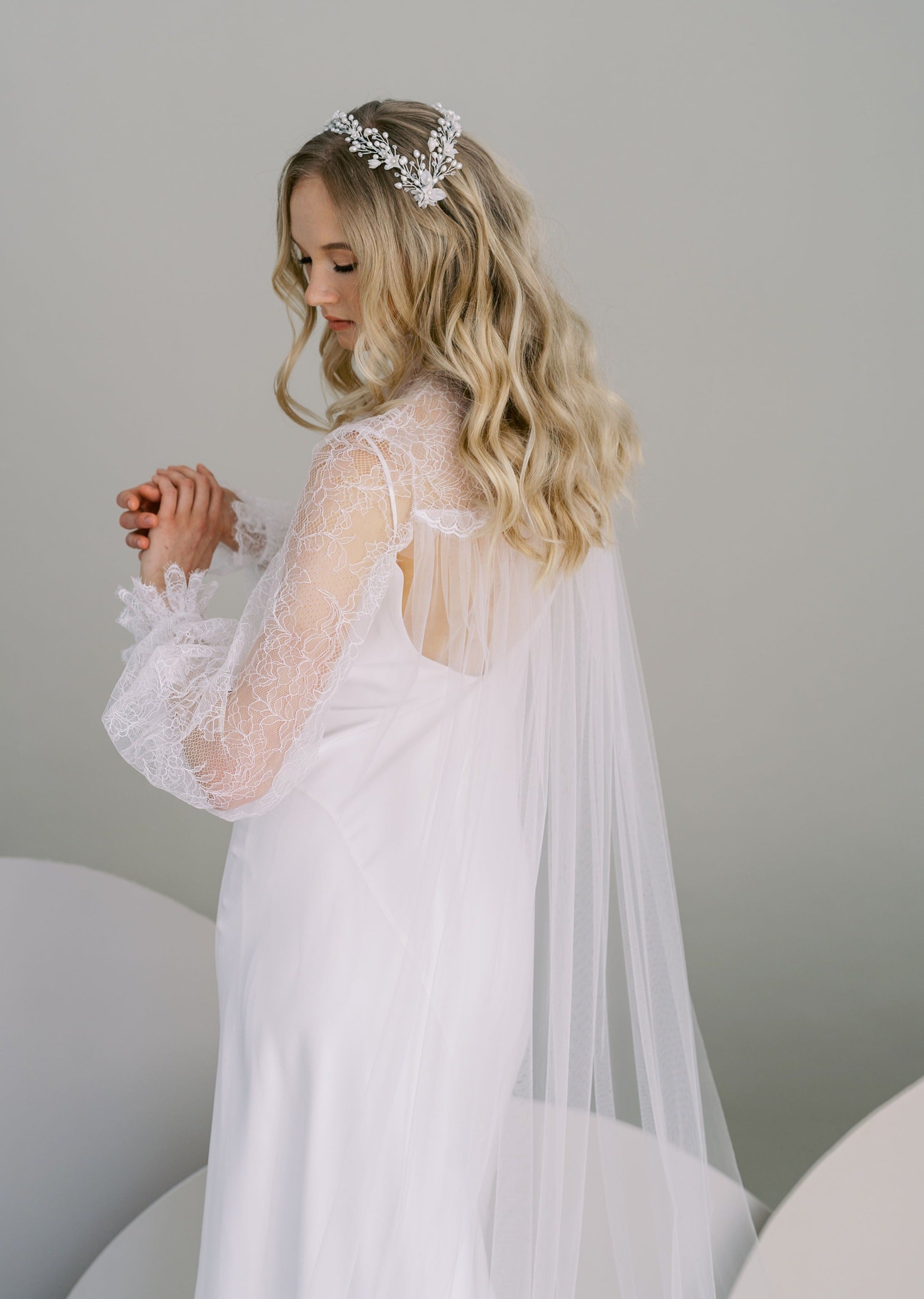 silver pearl double headband for lace wedding dresses