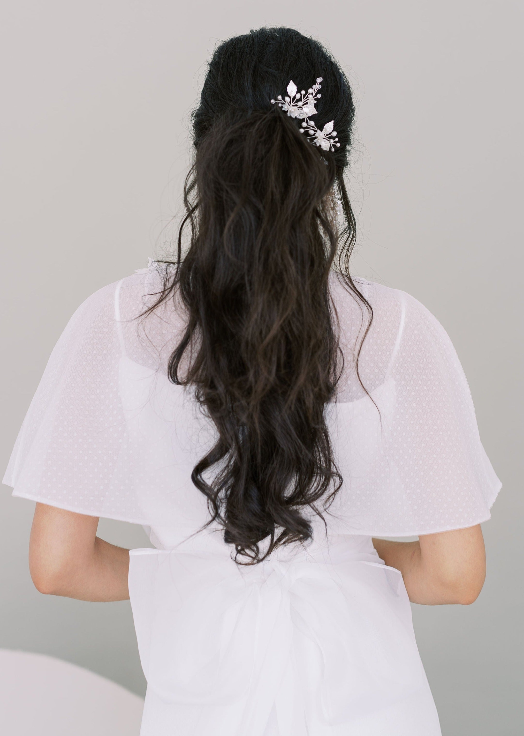 double silver leaf and pearl hair pins for wedding hair styles