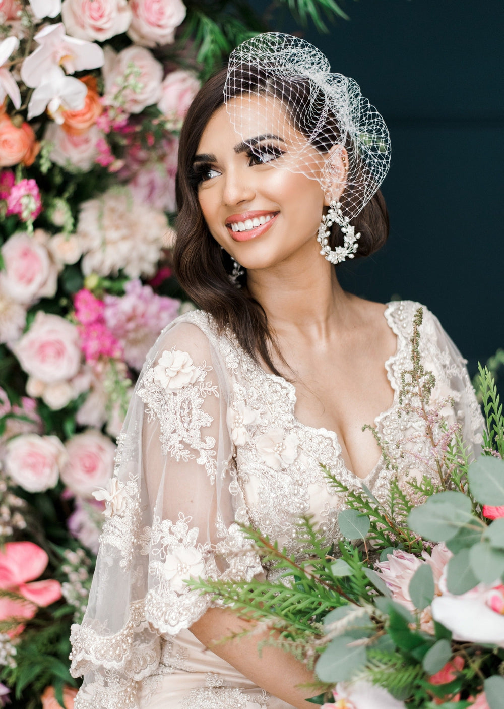 mini birdcage veil with vine teardrop earrings for romantic wedding