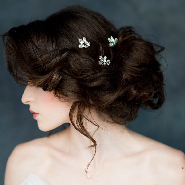 Silver Crystal Leaf Bridal Hair Pins large pearl bridal headband for modern brides. made in toronto canada by Blair nadeau bridal adornments