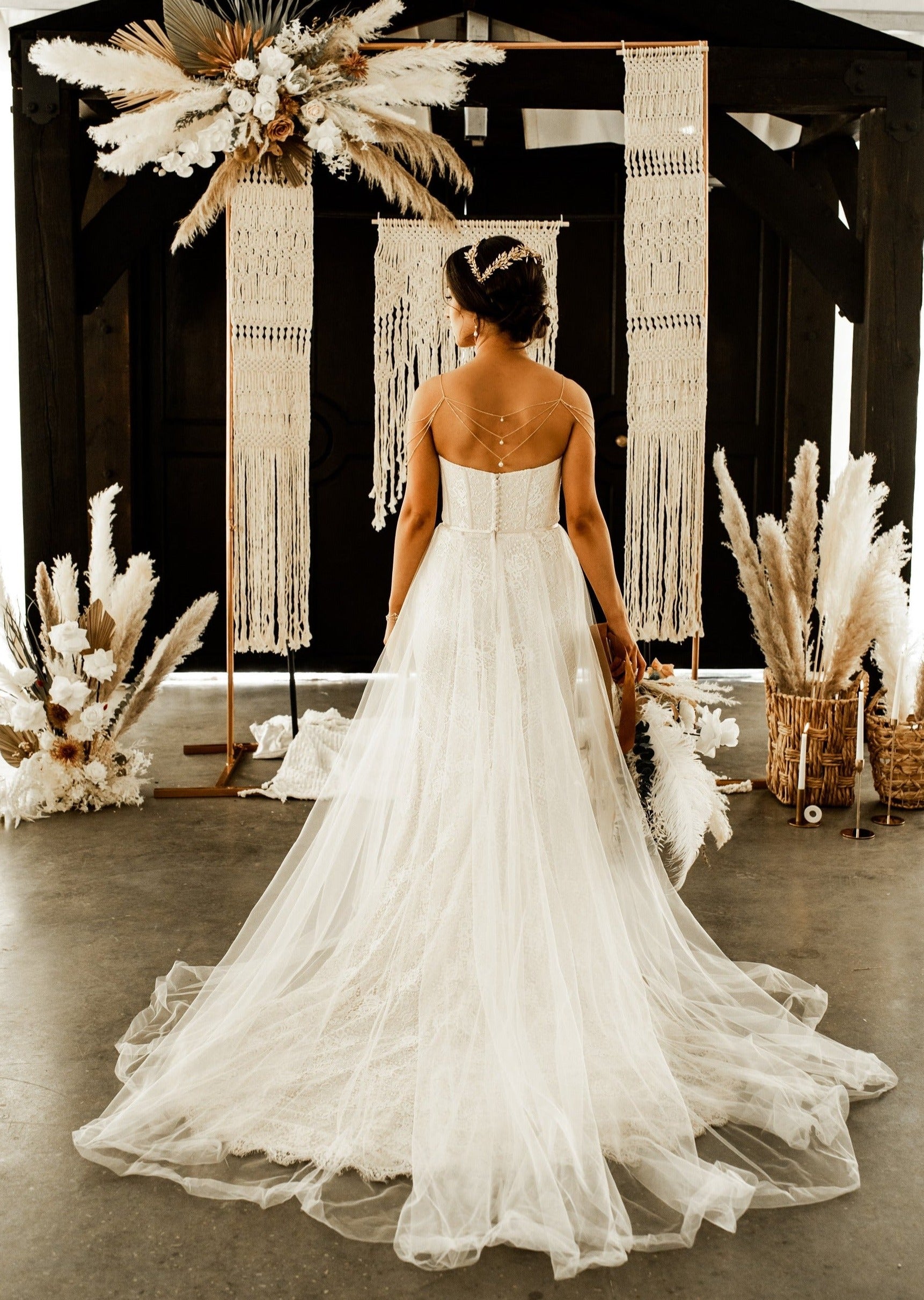 pearl draped bridal back jewelry for strapless wedding dress made in toronto canada by Blair Nadeau