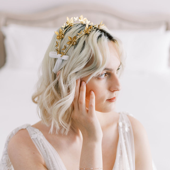 golden brass leaf double headband for weddings