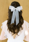 large bow hair clip for romantic wedding dresses handmade in canada with organza mokuba ribbon and pearls