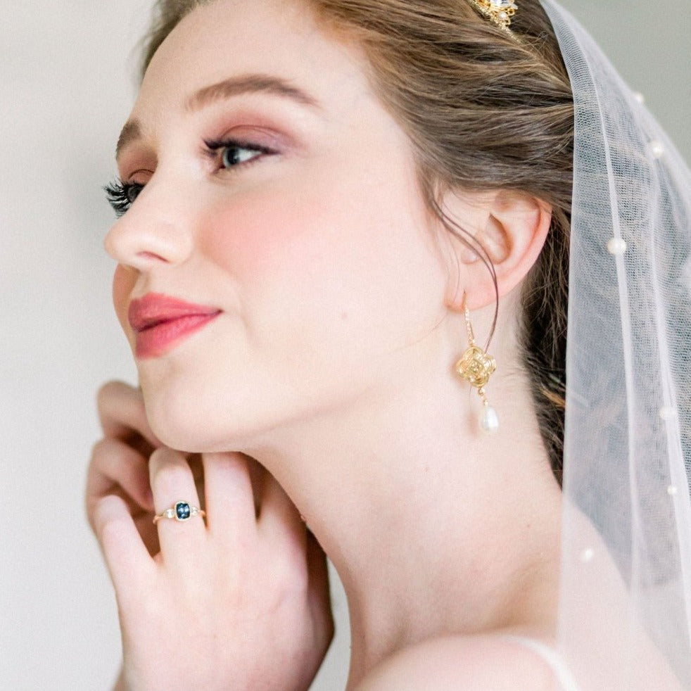 gold vintage style bridgerton inspired pearl drop earrings for weddings. made in toronto canada by Blair nadeau bridal adornments
