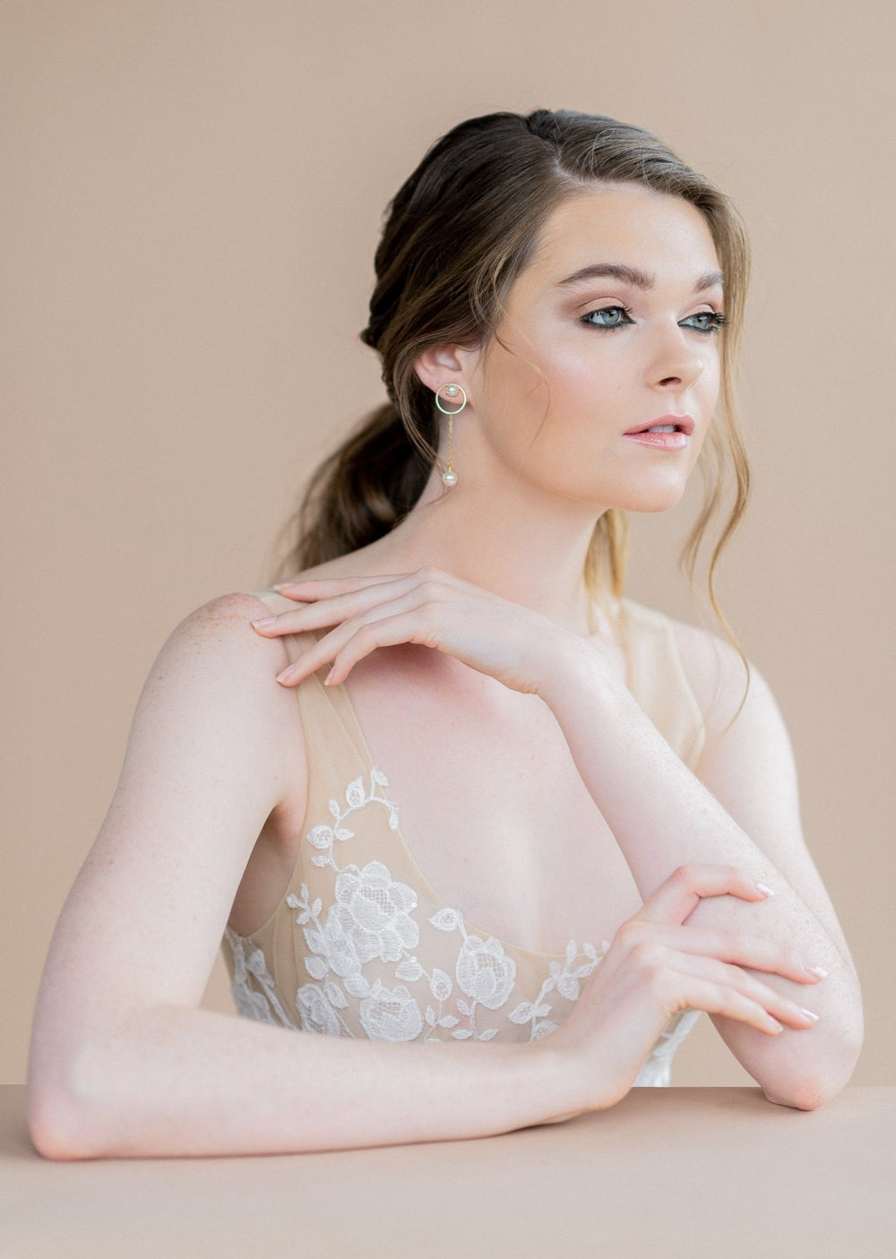 boho gold hoop earrings with pearl stud and chain drop pearl for modern wedding dress