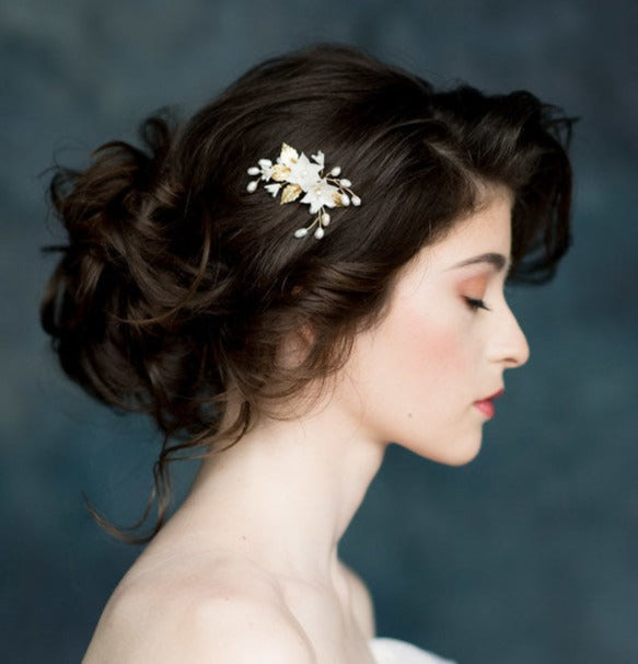 gold and ivory hair comb with leaves, flowers and freshwater pearls for bridal hair, handmade in toronto canada by blair nadeau bridal