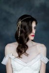gold crystal rhinestone draped hair chain with dripping crystals at the side. handmade in toronto canada by blair nadeau bridal