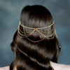 gold crystal rhinestone draped hair chain with dripping crystals at the side. handmade in toronto canada by blair nadeau bridal