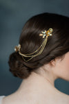 flower and leaf hair chain accented with crystals and pearls. handmade in canada by blair nadeau bridal