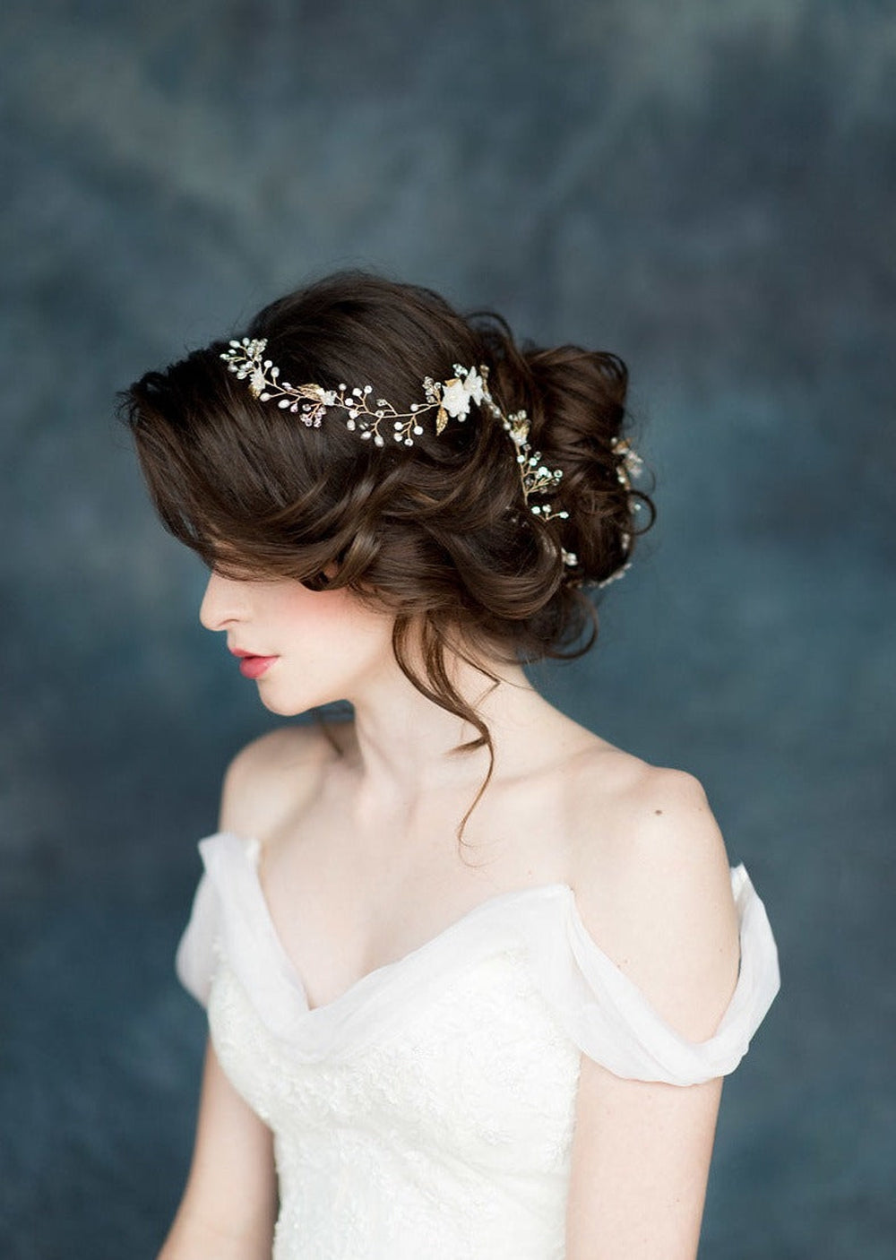 extra long silver clay flower hair vine with pearls and crystals handmade in toronto canada by blair nadeau