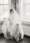 black and white photo of beautiful wedding veil for modern romantic brides