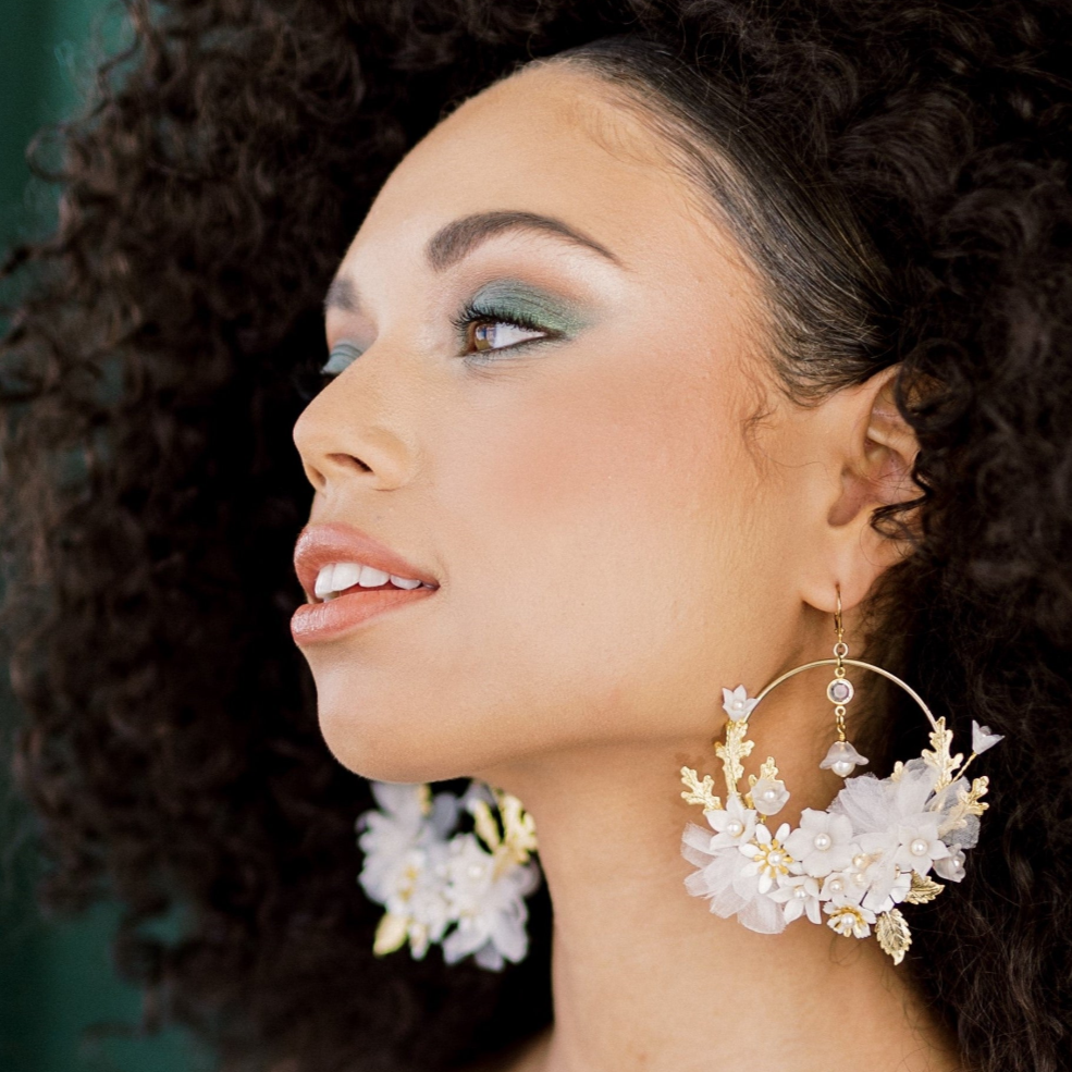 large gold flower hoop earrings with oak leaves, clay flowers, lucite buds and pearls. handmade in toronto canada by blair nadeau bridal adornments