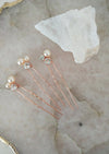 rose gold and blush pearl small bridal hair pins with crystal rhinestones and glass pearls. handmade in toronto by blair nadeau